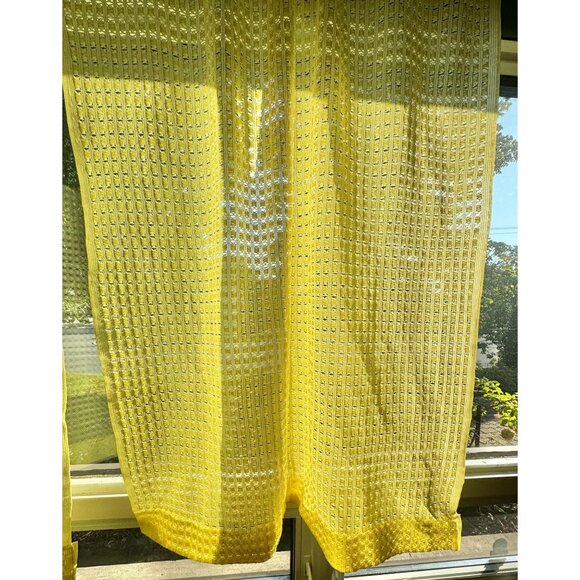 Vintage 70s curtains, yellow mesh, open weave rod header pair of panels - Picture 4 of 9